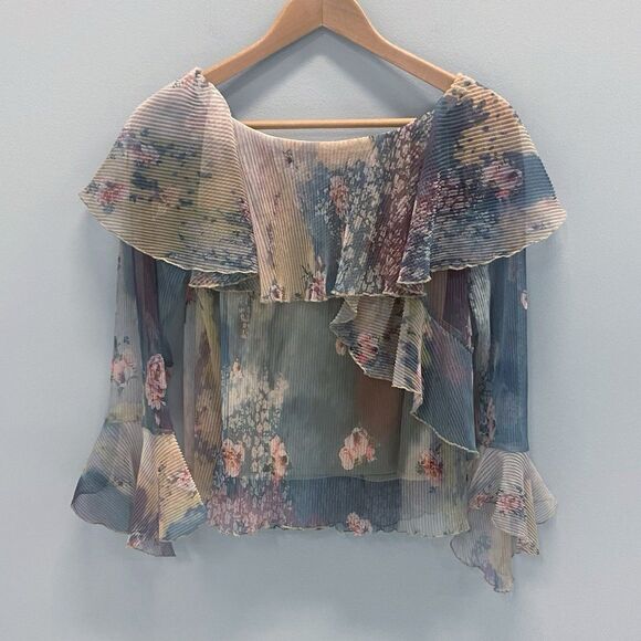 River Island Floral Bateau Neck Long Sleeve Mesh Sheer Fairy Y2K Top Pink US 4 - Picture 3 of 12